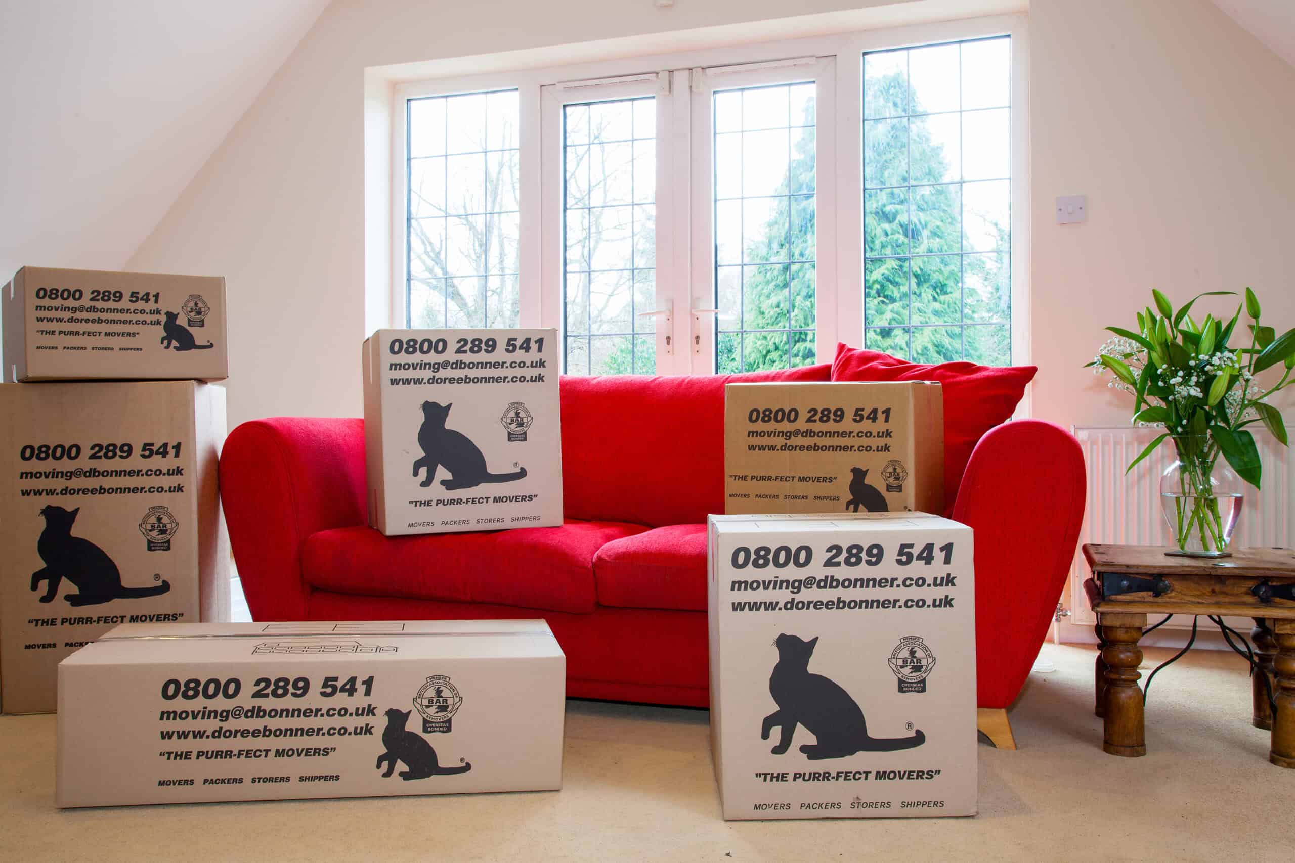 A living room filled with Doree Bonner branded moving boxes of various sizes