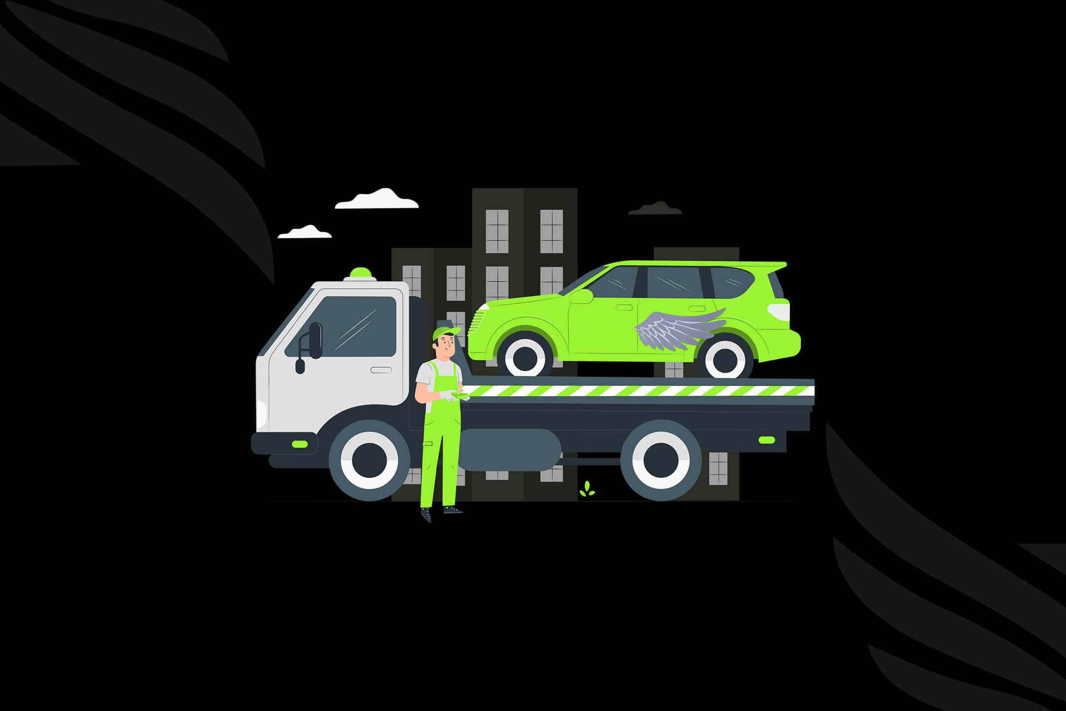 An illustration of a Blackhawk Transport team member loading a car onto a flatbed truck