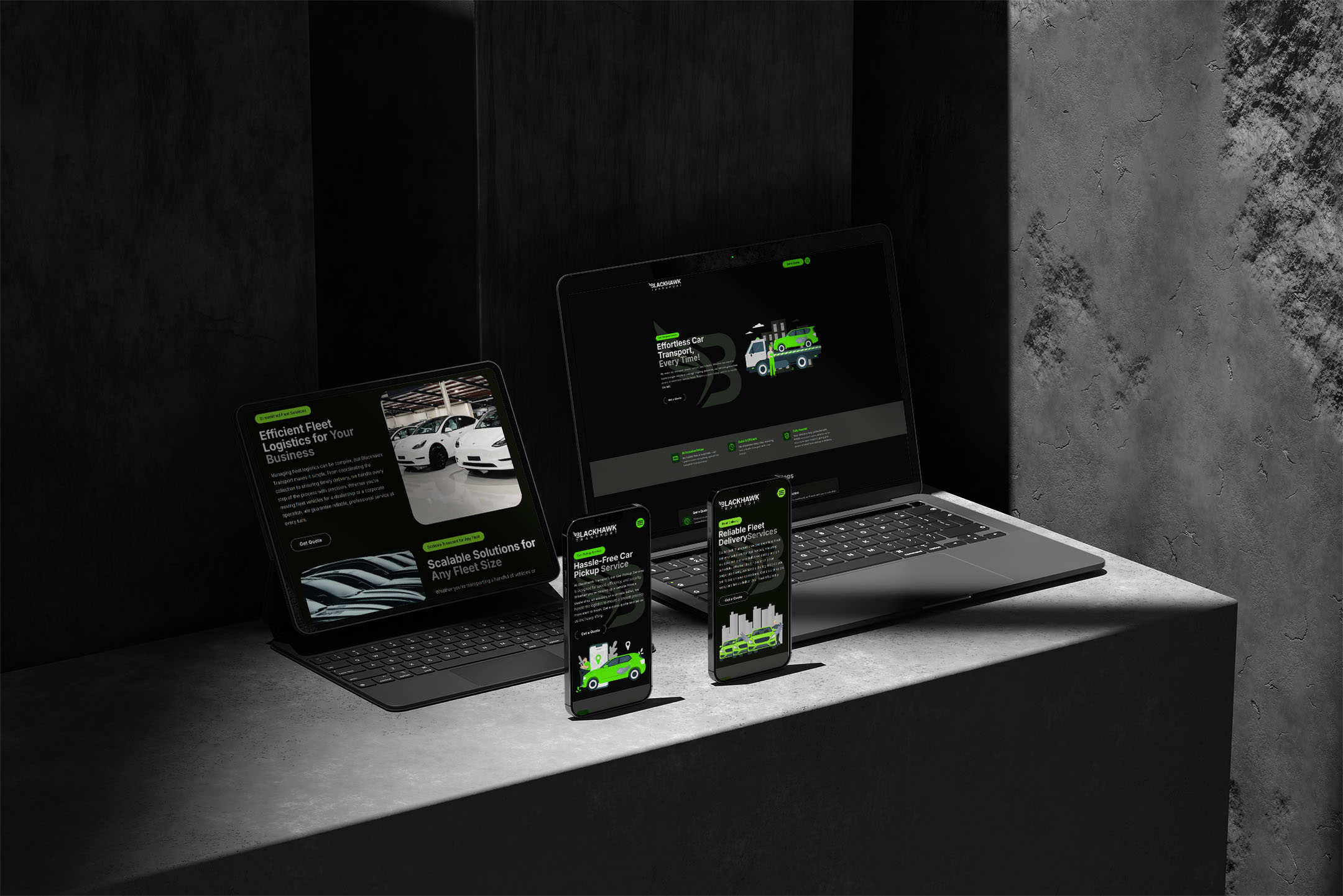 A laptop, tablet, and two smartphones, each showing different pages from the Blackhawk Transport website