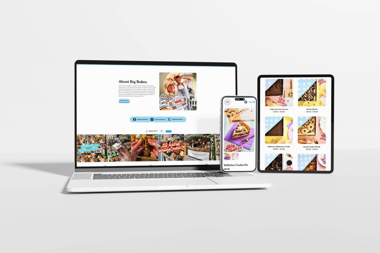 A laptop, smartphone, and tablet showing various pages from the Big Bakes Bakery website