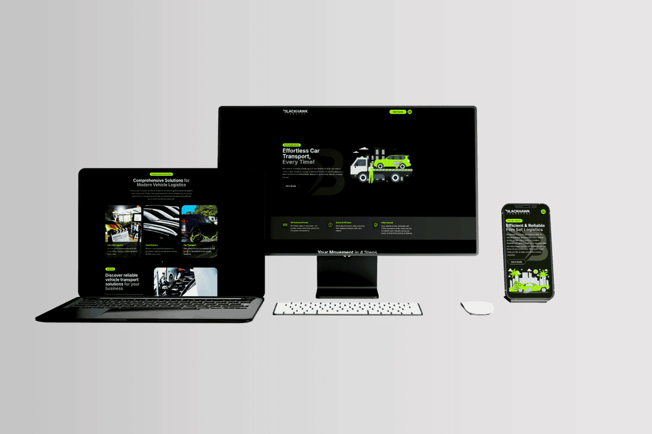 A laptop, desktop computer, and smartphone showing different pages from the Blackhawk Transport website