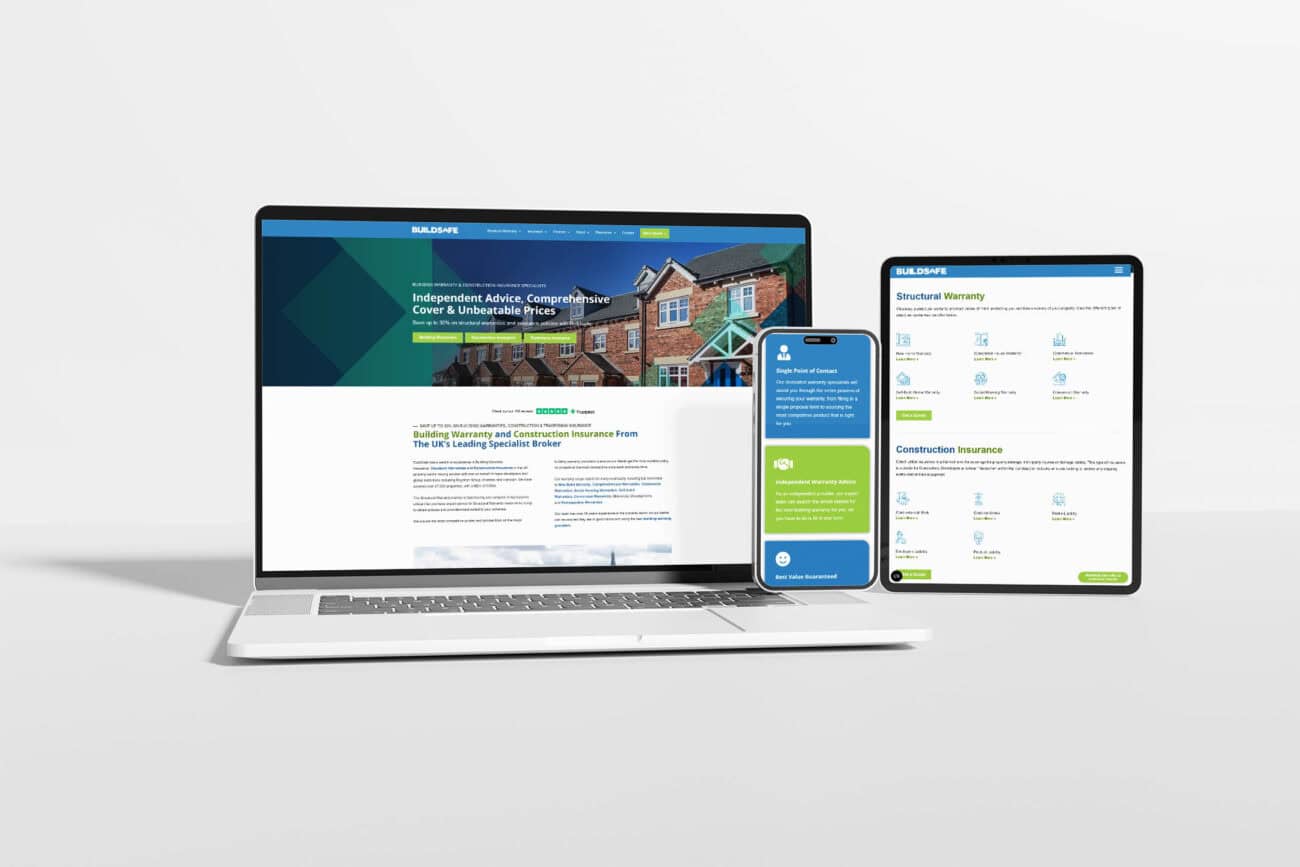 A tablet, smartphone, and tablet all showing different sections of the Buildsafe website