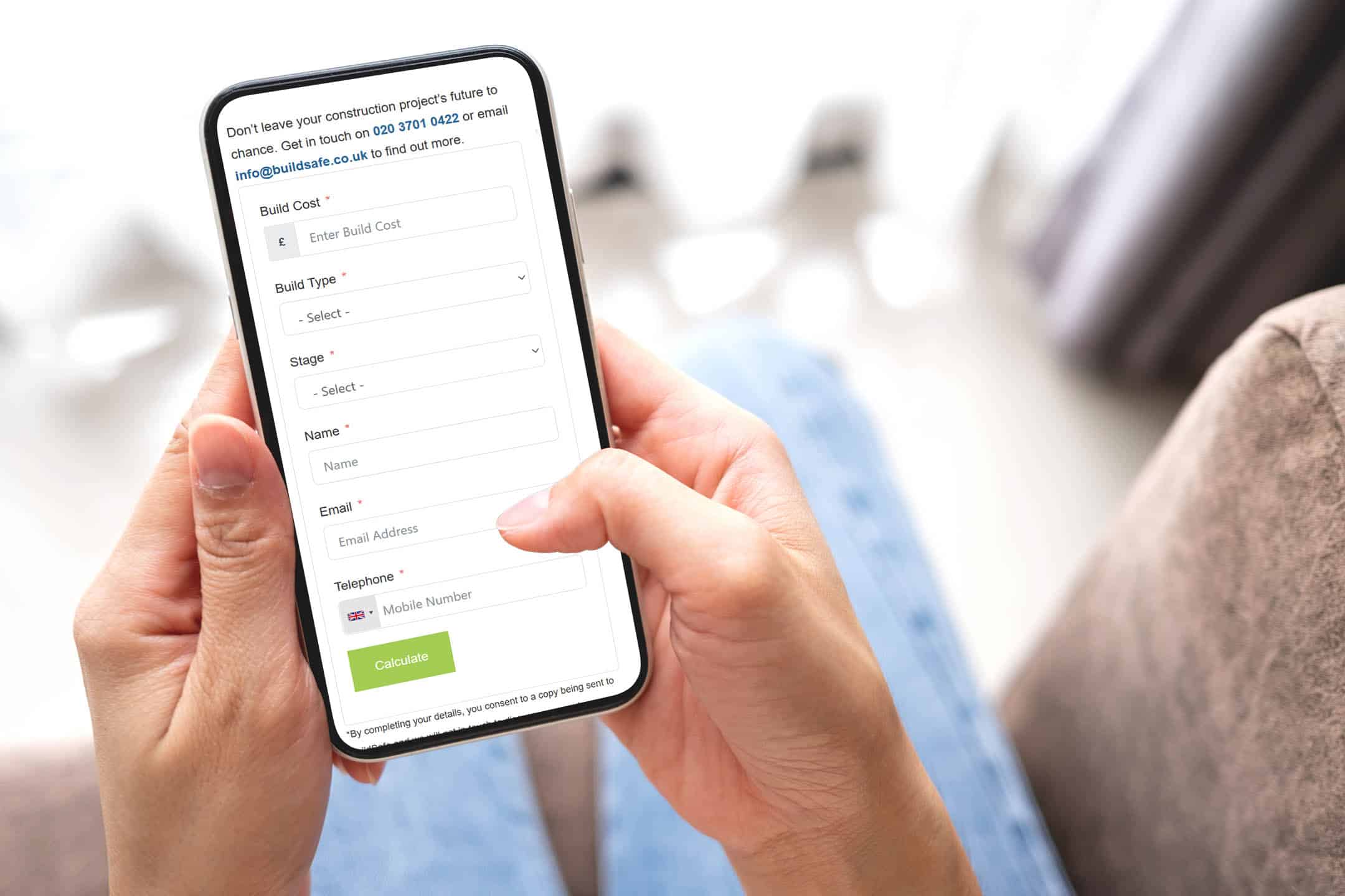A smartphone showing the Buildsafe website quote estimator