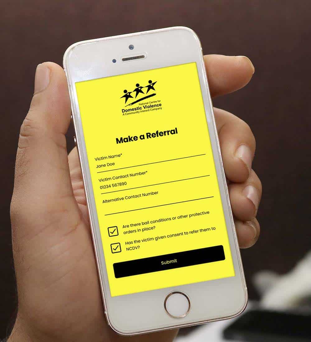 A smartphone displaying the NCDV referral form