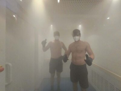 Members of the E-Innovate team in a cryo chamber at The Fit Parternership