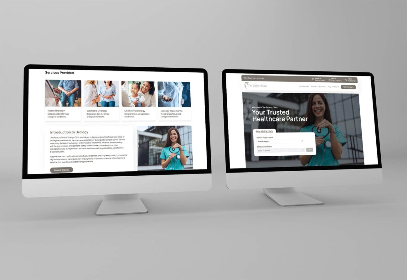 Two iMacs side-by-side showing different sections from The Forbury Clinic website homepage