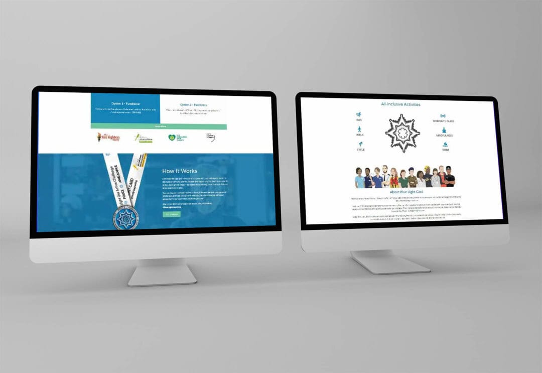 Two iMacs displaying different parts of the Get Active Challenges website