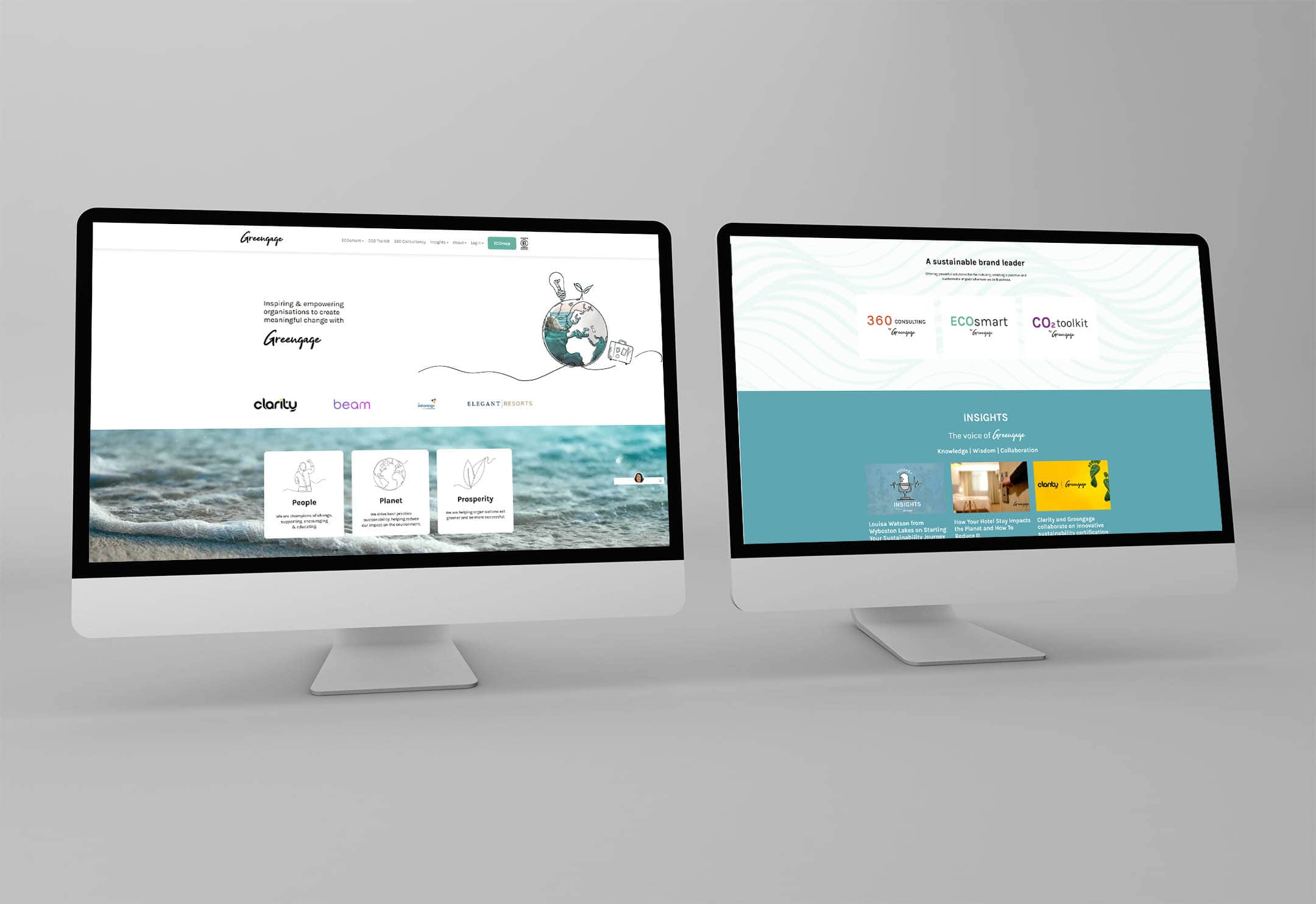 Two side-by-side iMacs showing different sections of the Greengage homepage