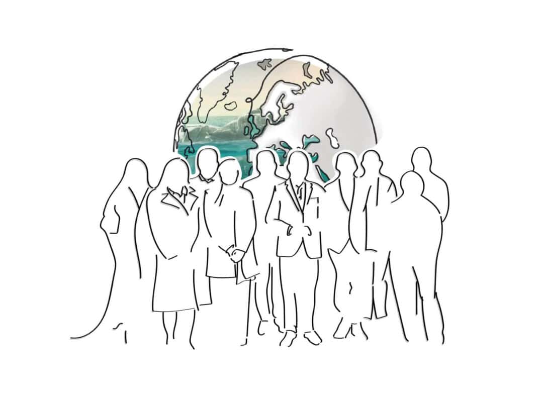 A line illustration of people standing in front of the globe