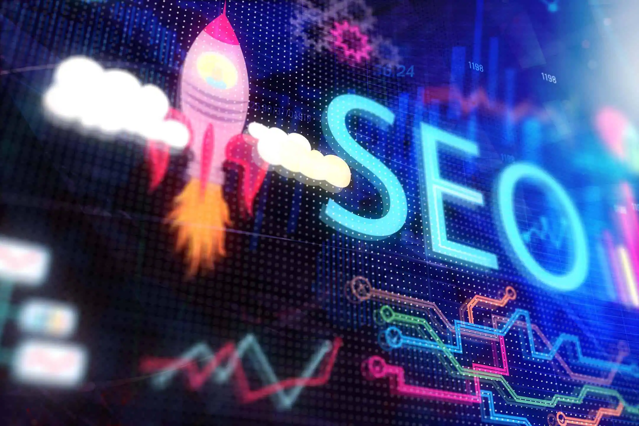 An abstract graphic containing the word SEO and an illustrated rocket ship