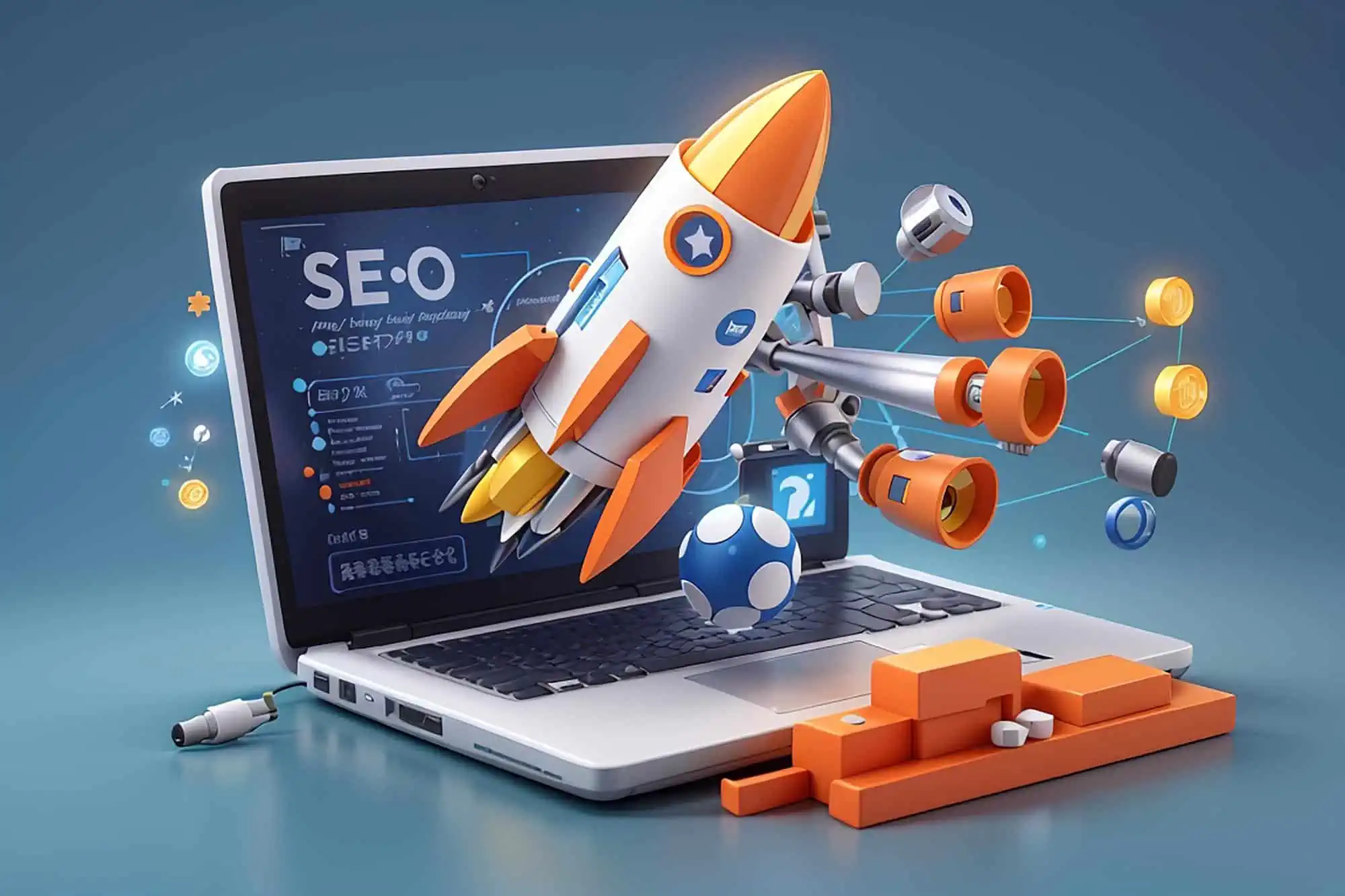 A rendering of a laptop with a rocket ship in front of it