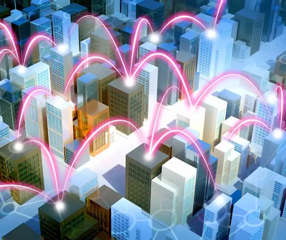 An illustration of a cityscape with buildings connected to each other to show a network