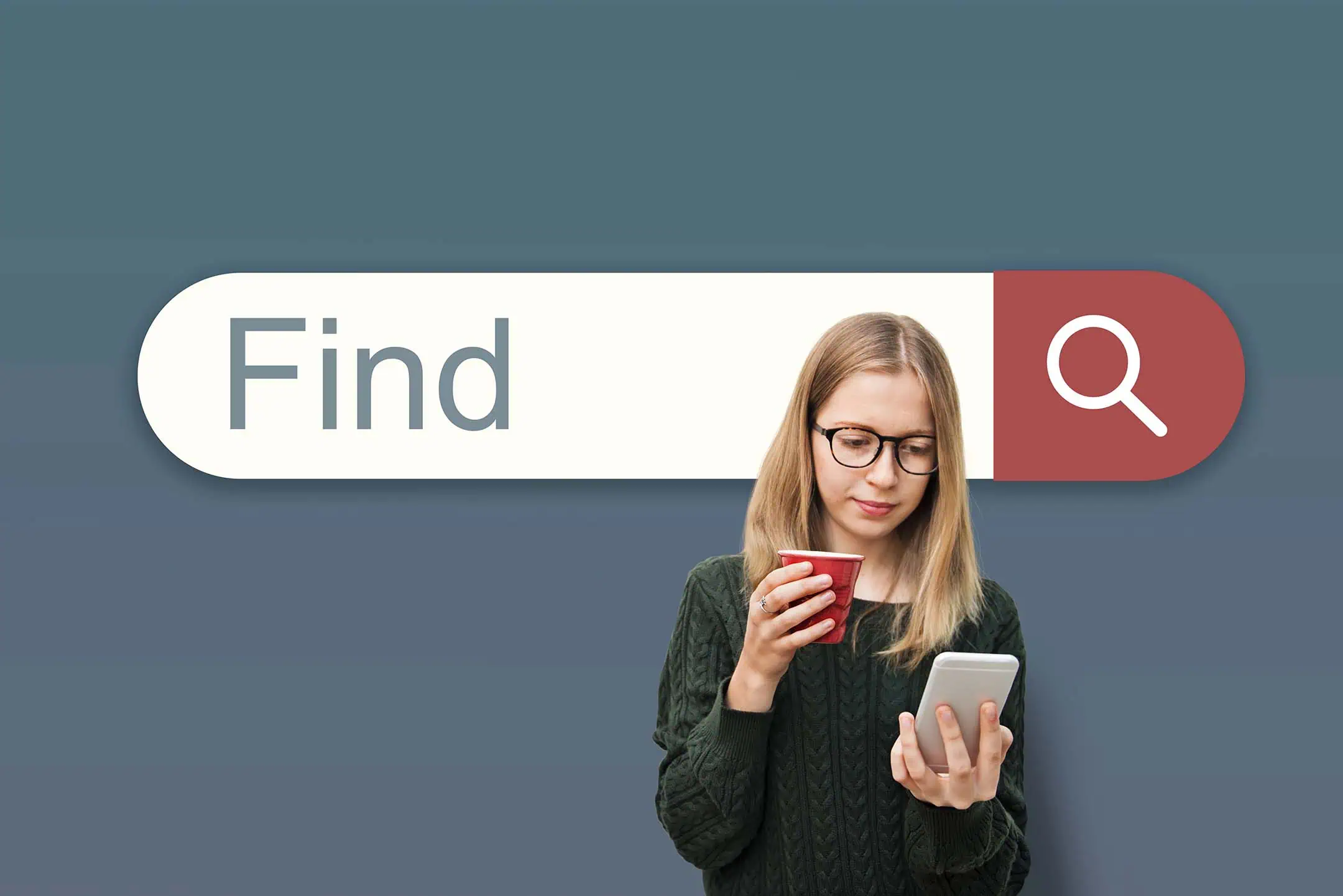 A woman looking at her smartphone in front of a large graphic with the word Find in a search bar