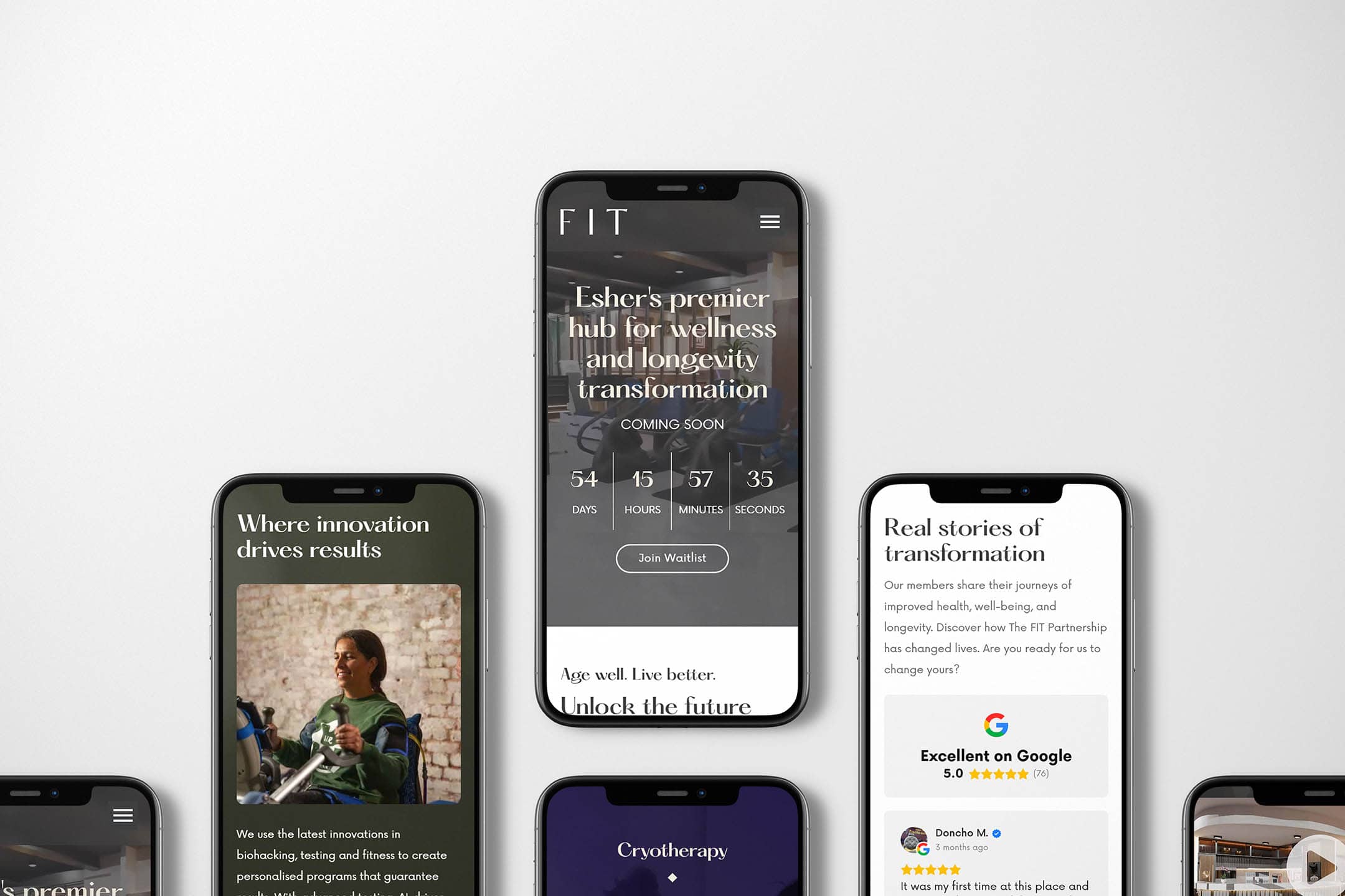 A collage of smartphones showing various pages from The FIT Partnership website