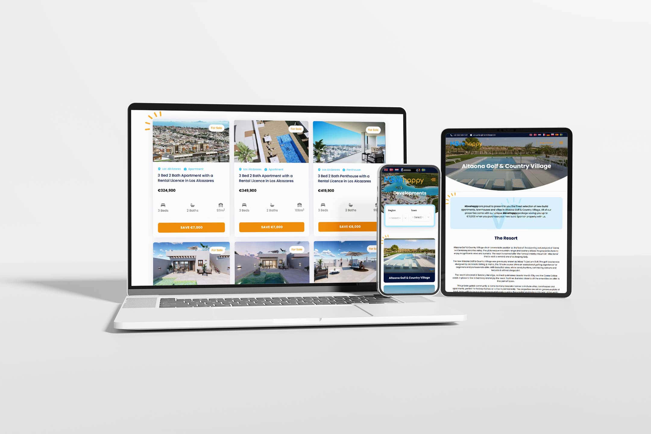 A laptop, smartphone, and tablet showing different pages from the Movehappy website