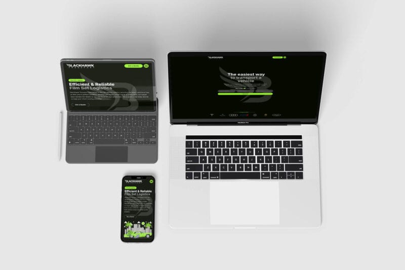 A tablet, smartphone, and laptop showing different sections of the Blackhawk Transport homepage