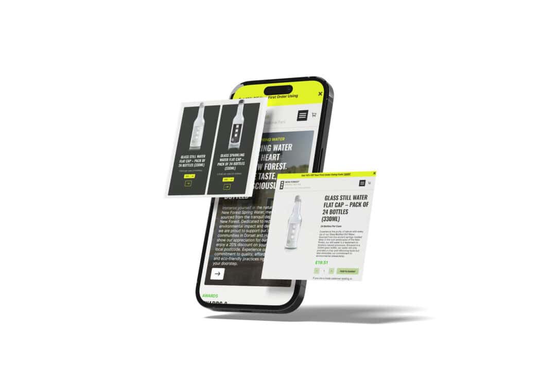 A smartphone displaying the New Forest Water homepage, with 2 graphical overlays showing different parts of the website