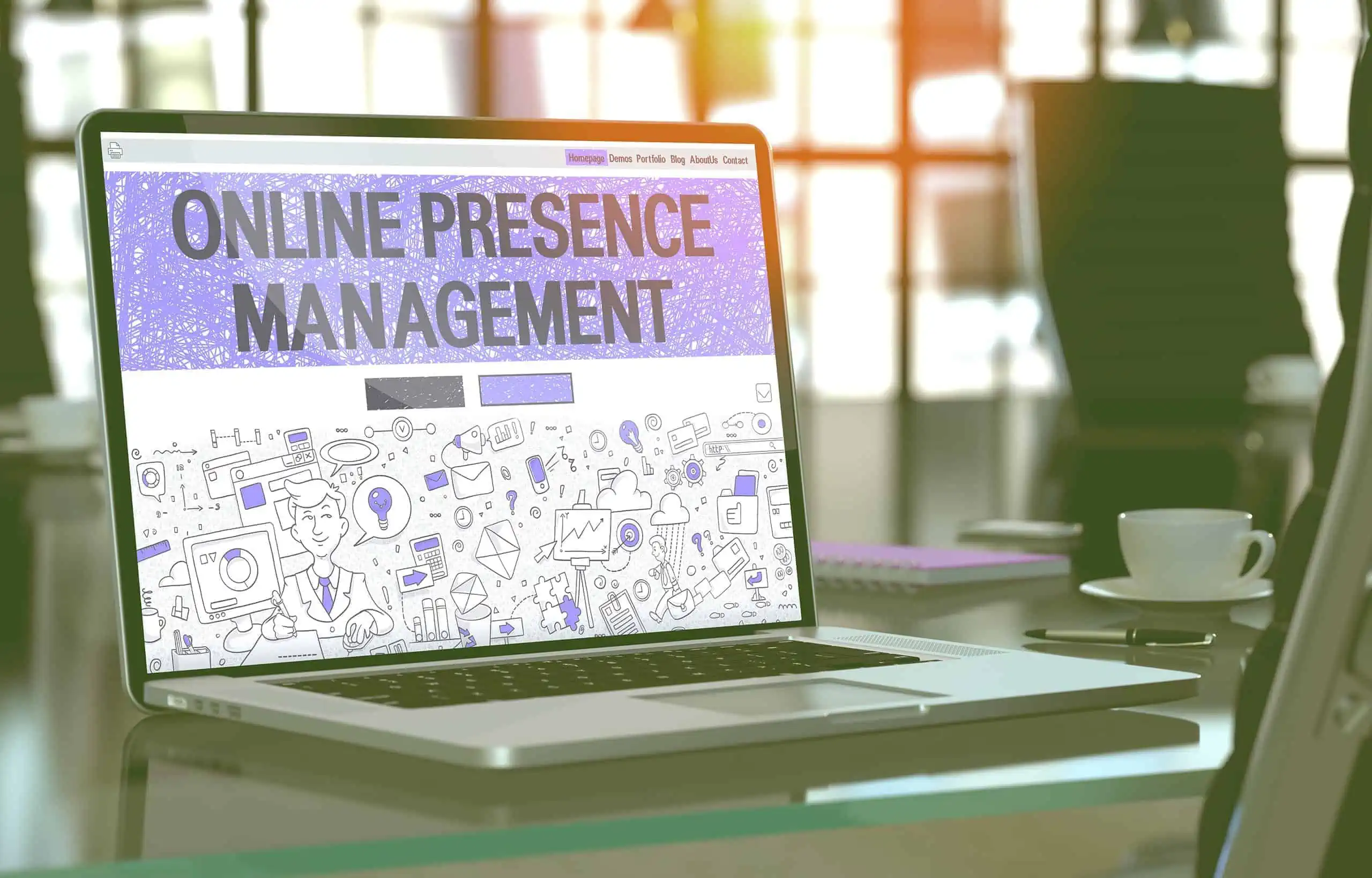 A laptop screen displaying the words Online Presence Management