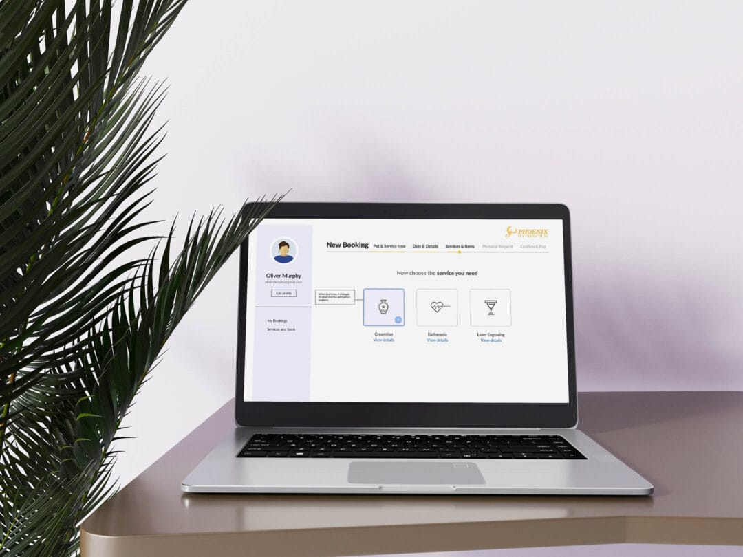 A laptop displaying the Phoenix Pet Cremations dashboard