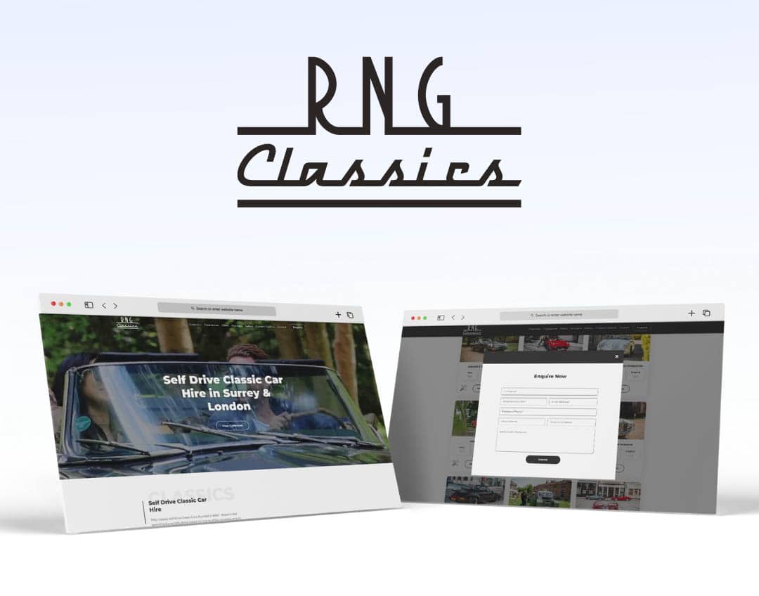 Two screenshots from the RNG Classics website below the RNG Classics logo