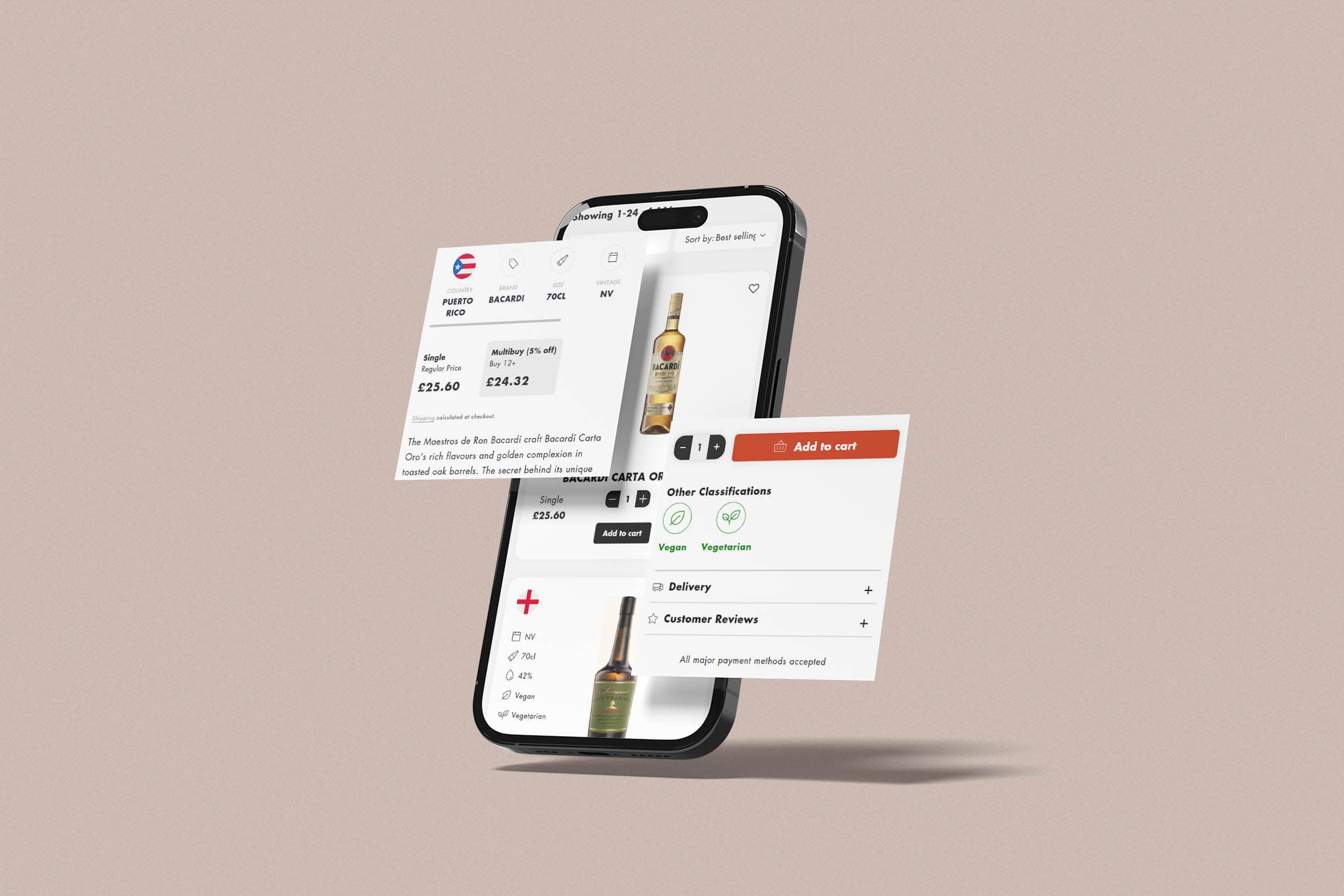 A smartphone displaying the Suburban Bottlestore website, with 2 graphical overlays showcasing different sections of the website