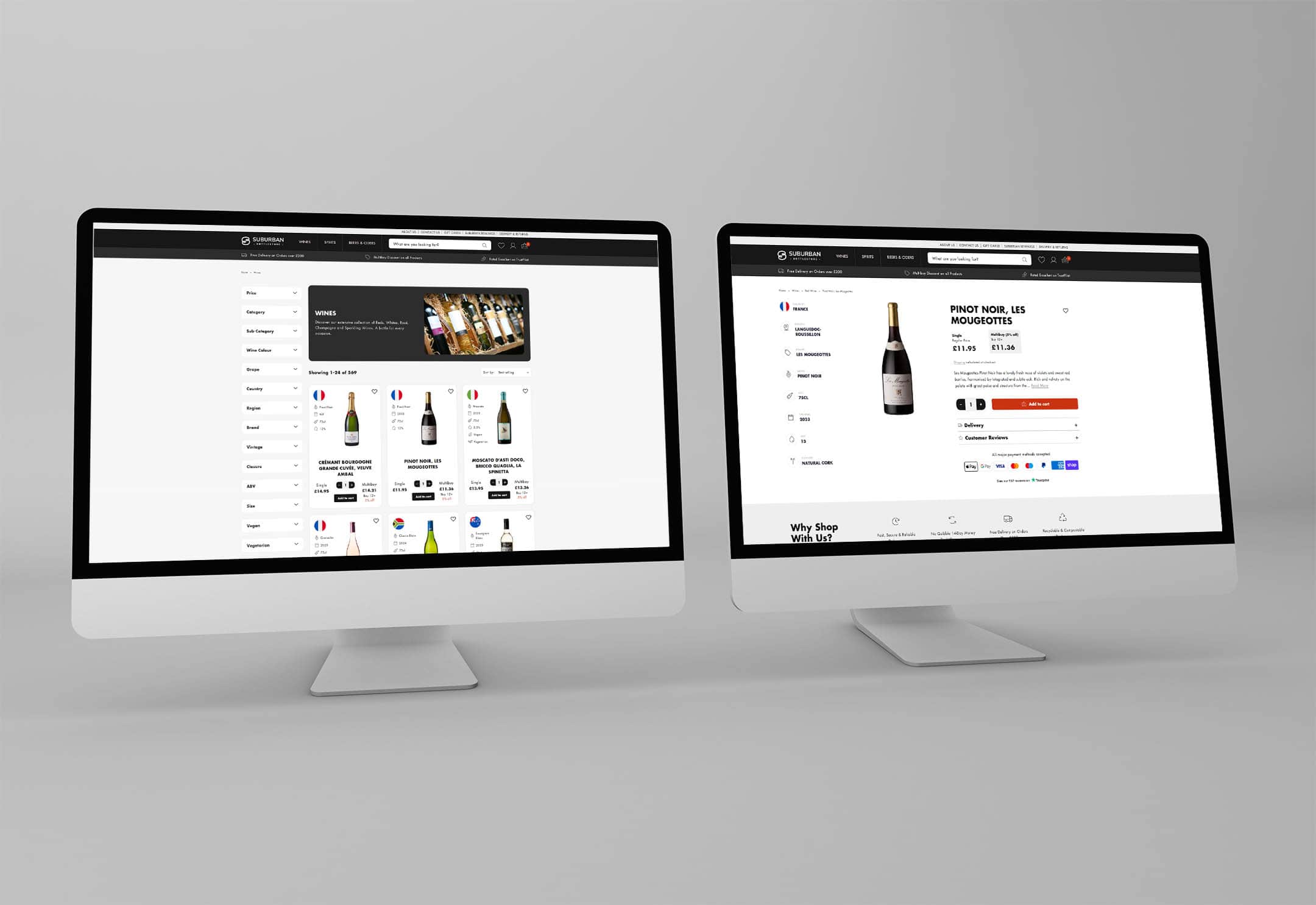 Two iMacs dispaying different sections of the Suburban Bottlestore website