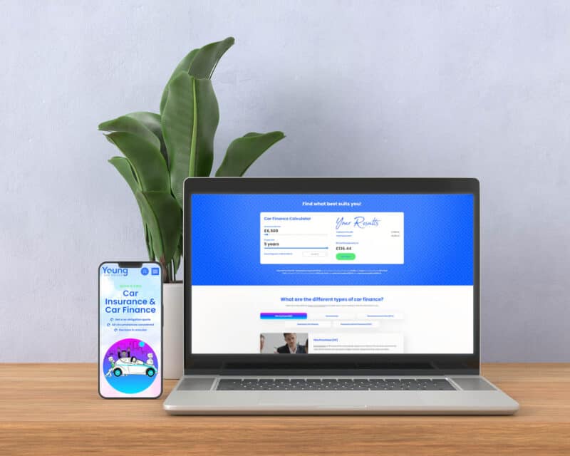 A smartphone and laptop displaying various sections from Young Car Driver website