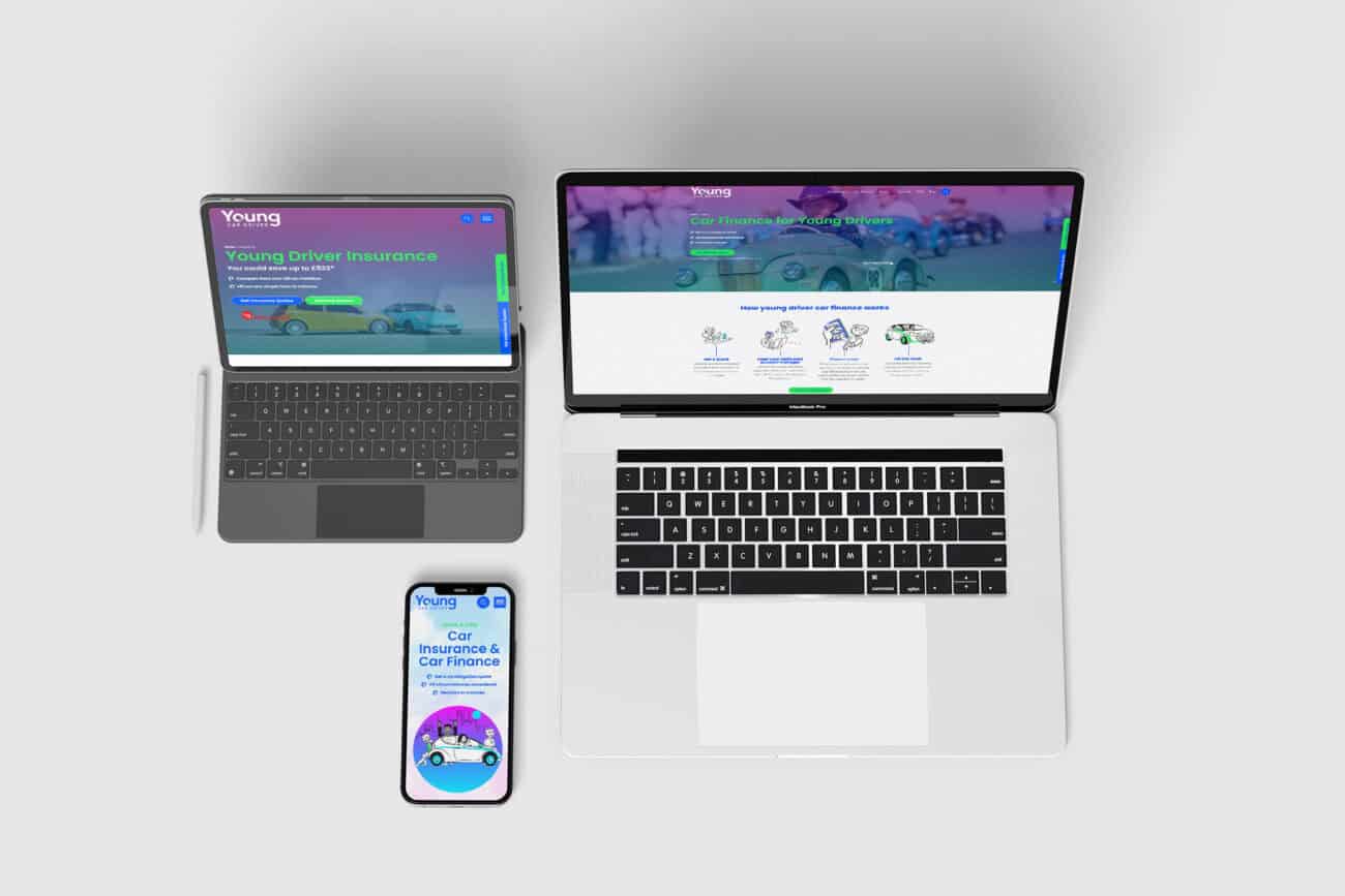 A tablet, smartphone, and laptop showing various pages from the Young Car Driver website
