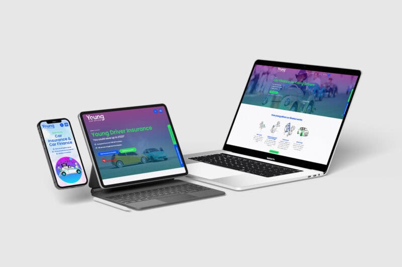 A smartphone, tablet, and laptop displaying different pages from the Young Car Driver website